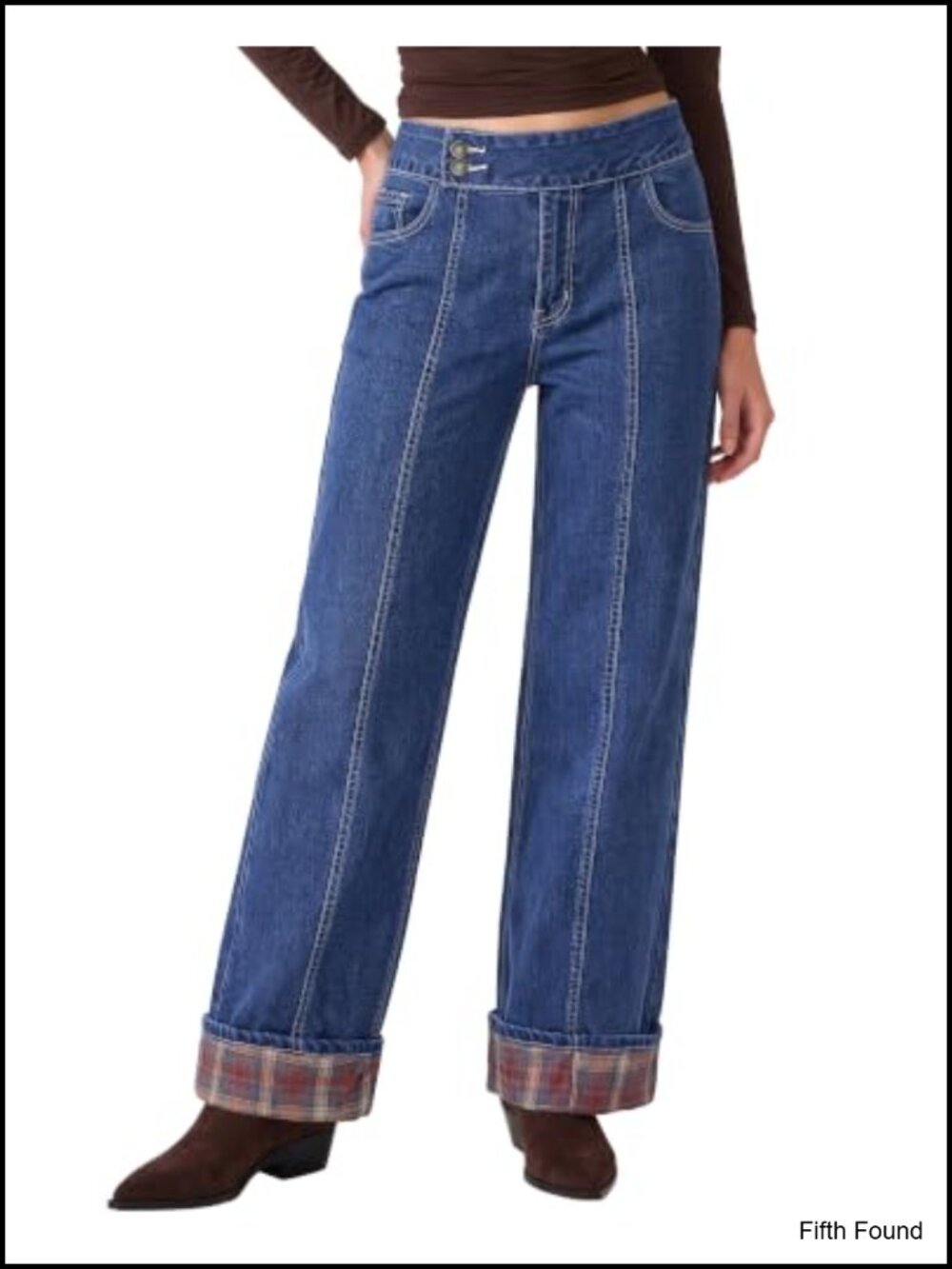 Wide Leg Stretch Jeans High Rise Double Button Plaid Cuffed Hem